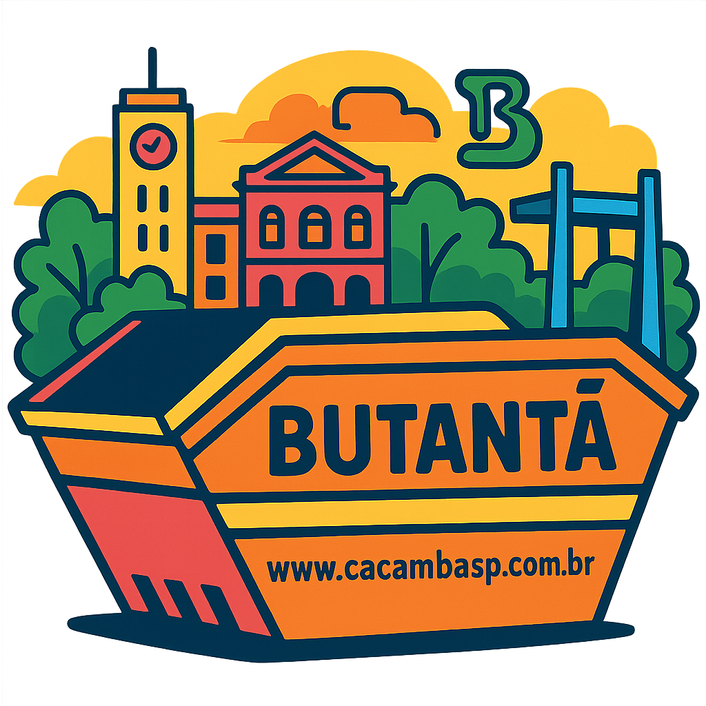 Caçamba SP – Ilustração estilizada de caçamba de entulho com skyline de Butantã em São Paulo